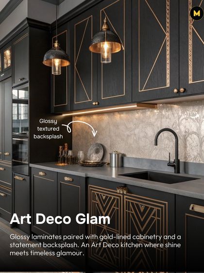 This kitchen showcases Art Deco glam. Glossy laminates are paired with gold-lined cabinetry and a statement textured backsplash, creating a timeless look where shine meets sophistication.