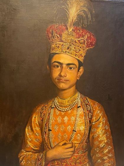This version of the 'Young Nawab' portrait highlights the rich, warm palette after restoration. The conservation brought back the luster of the silk robes and the intricate detail of the jewelry.