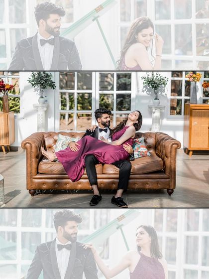 A fun and playful collage from an indoor shoot. The couple is seen laughing on a leather sofa, showing their joyful and carefree chemistry in a stylish setting.