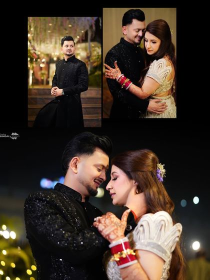 A collage of the couple's reception moments. It showcases the groom's solo portrait, an intimate couple shot, and a romantic dance, telling a complete story of their celebration.