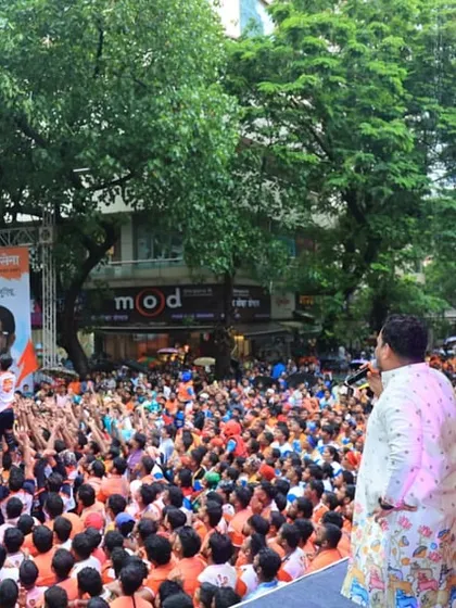 A Govinda pathak forms a human pyramid during the Yuva Sena Dahihandi Utsav, as a massive crowd watches on. We are proud to provide the production and management for this vibrant Mumbai cultural festival.