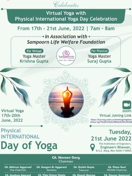 An event poster from an International Yoga Day celebration where I was invited as the physical Yoga Master. I am available for both virtual and in-person events.