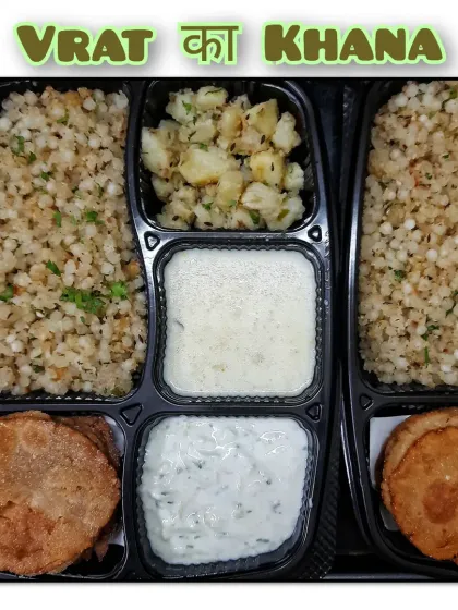 My Vrat thali for Angaraki Chaturthi, featuring fluffy Sabudana Khichdi, crispy Rajgira Puri, dry aloo sabji, and creamy Ratalu Kheer. It is a balanced meal to keep your energy up during a fast.