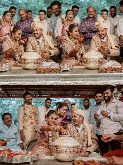 A collage capturing the fun and games of a wedding ritual, with the couple and their families laughing together.