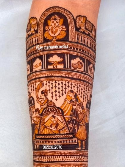 A doli scene depicted on the forearm. This classic bridal theme shows the bride being carried in a palanquin, symbolizing her journey to her new home.