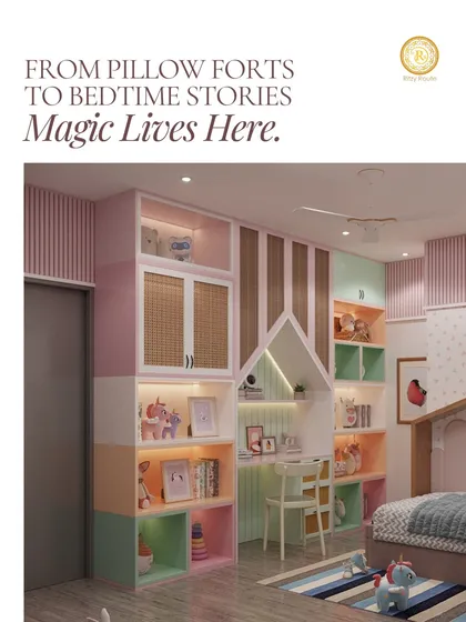 I designed this children's room to be a magical space for stories and play. The custom-built unit combines open shelving for treasures, a cozy desk nook with integrated lighting, and ample closed storage, all in a soft, playful color palette.