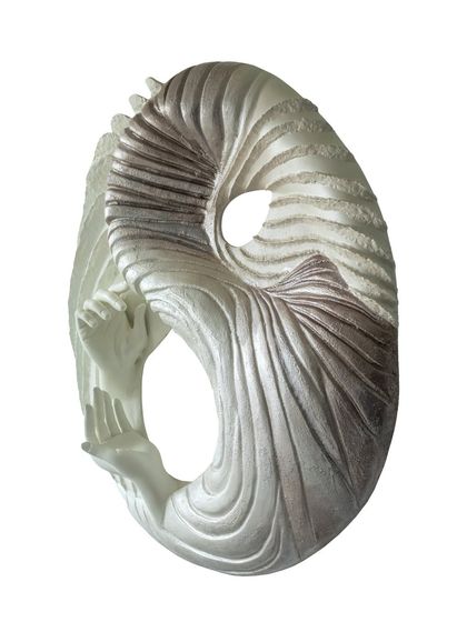 An angled view of "The Awakening Cycle" (Series 3), highlighting its sculptural depth. This is not a flat painting; it's a three-dimensional story that projects from the wall.