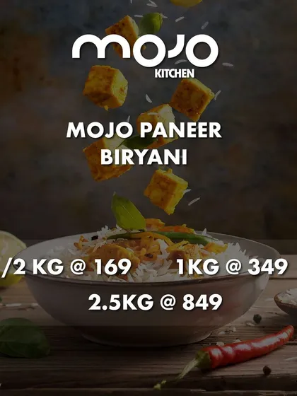 This shows the portions and pricing for my Mojo Paneer Biryani. It's an affordable and delicious option for individuals and families.