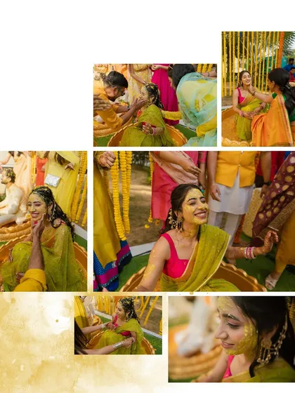 A collage showing various candid moments of the bride being lovingly covered in turmeric paste by her family and friends.