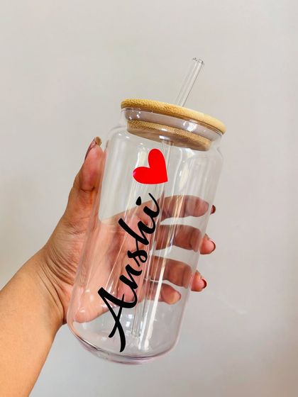 A simple and stylish personalized glass tumbler. I can customize these with any name and design, like this one with a simple red heart. They are perfect for daily use.