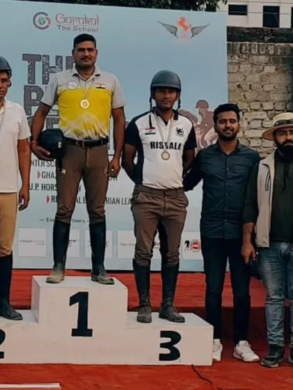 Our rider Yashveer Hooda on the podium after winning a bronze medal in the lemon and peg event at the Ghaziabad Horse Show.