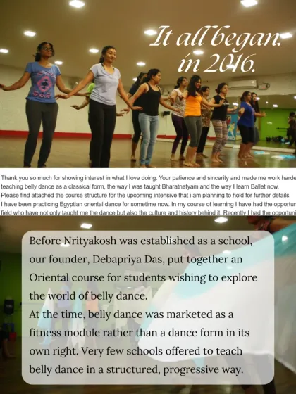 It all began in 2016. Before Nrityakosh was a school, our founder created a structured Oriental course to teach belly dance as a classical form, not just a fitness module. This laid the foundation for our ethos.