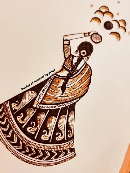 A beautiful sketch of a woman celebrating Karwa Chauth, looking at the moon through a sieve. I often create sketches like this to plan my festive designs.