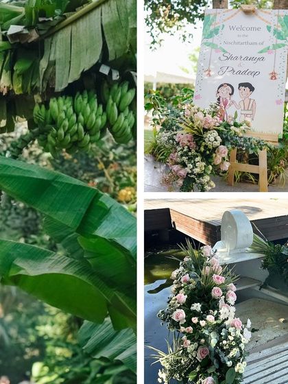 A collage of natural and custom decor elements, from the banana trees at the venue to the personalized welcome sign.