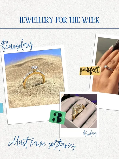 Your mid-week sparkle inspiration. This collage features must-have solitaires, perfect for adding a touch of brilliance to your Thursday and Friday looks.