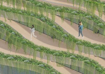 A conceptual detail of the undulating green balconies. This element is designed to give each room a private terrace while creating a visually striking, living facade.