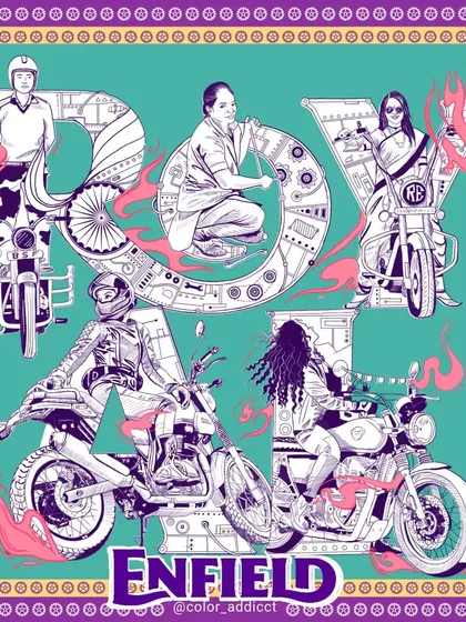 A vibrant and detailed digital illustration celebrating 'Naari Shakti' and the spirit of women riders. This piece combines intricate line work with bold colors, created for the Royal Enfield Art of Motorcycling project.
