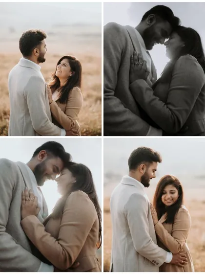 A four-panel collage showing the loving glances and smiles between a couple, with a mix of color and black and white for a timeless feel.