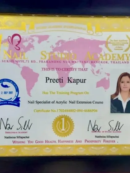 We are proud to be certified by the I-Nail Studio Academy (NSA) of Thailand. This certificate is proof that our training program for Acrylic Nail Extensions meets international standards of quality and professionalism.