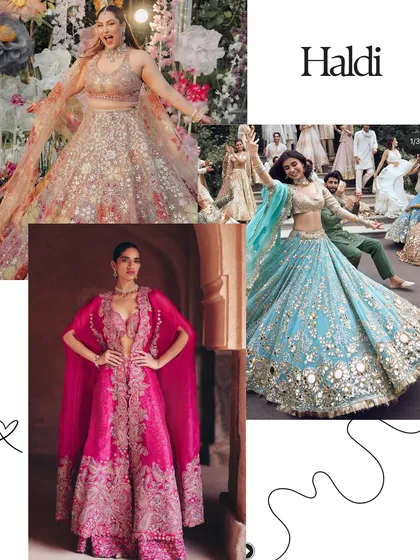 Haldi outfits should be bright and joyful. This mood board is filled with inspiration, from vibrant pink lehengas to playful floral ensembles that are perfect for a sun-filled celebration.