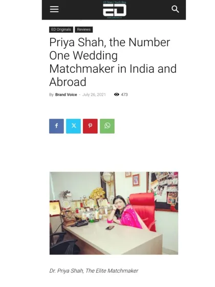 ED Times featured me as the 'Number One Wedding Matchmaker in India and Abroad'. The article emphasizes my hands-on experience and how I treat my clients like family, providing them with detailed information that goes far beyond a simple biodata.