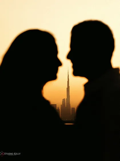 A classic silhouette shot against the Dubai skyline at sunset. I framed the iconic Burj Khalifa between the couple to create an intimate yet grand portrait that tells a story of modern love.
