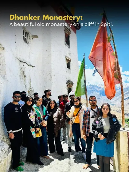 A group photo at the ancient Dhankar Monastery, perched dramatically on a cliff. Exploring these historic sites is a huge part of understanding the soul of Spiti.