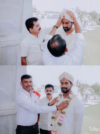 A collage showing the groom getting help with his turban (peta) from family members. These moments of preparation and family involvement are beautiful to document.