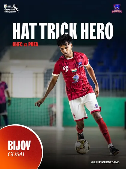 A graphic celebrating Bijoy Gusai's incredible 2-minute hat-trick.