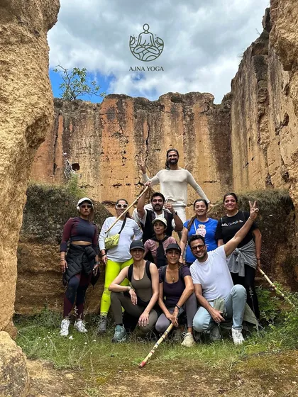A group photo from one of our treks in Bhutan. We explore unique natural formations and take time to just be in the powerful energy of the land together.