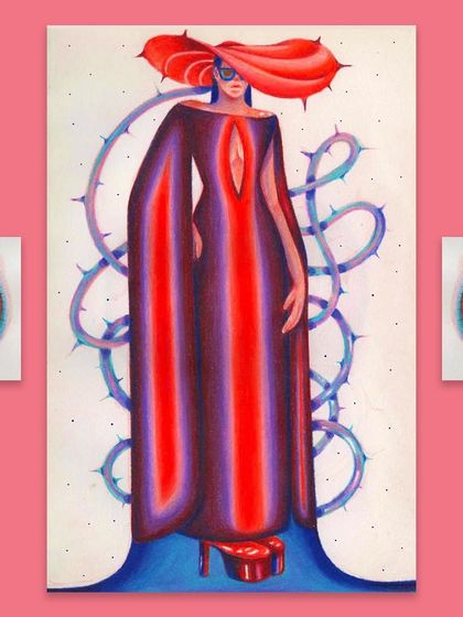 The fashion illustration presented as a triptych with details of an eye motif.