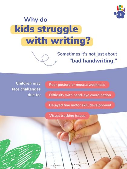 Why do kids struggle with writing? It's often more than just "bad handwriting." This infographic breaks down common challenges like poor posture, weak hand-eye coordination, and delayed fine motor skills, which our occupational therapy programs are designed to address.