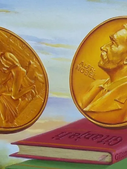 A detailed view of the Nobel prize and his book 'Gitanjali' from my painting of Rabindranath Tagore.
