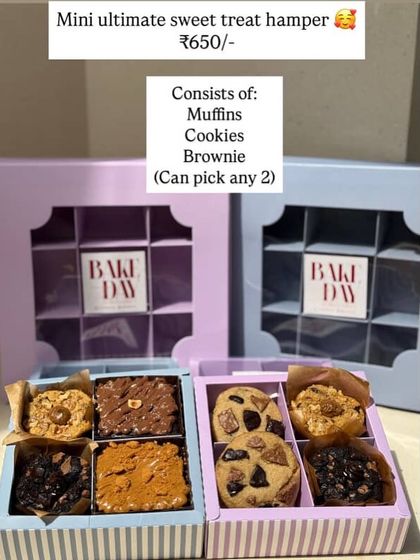 The Mini Ultimate Sweet Treat Hamper menu. A smaller, customizable version where you can pick any two types of treats from muffins, cookies, or brownies.