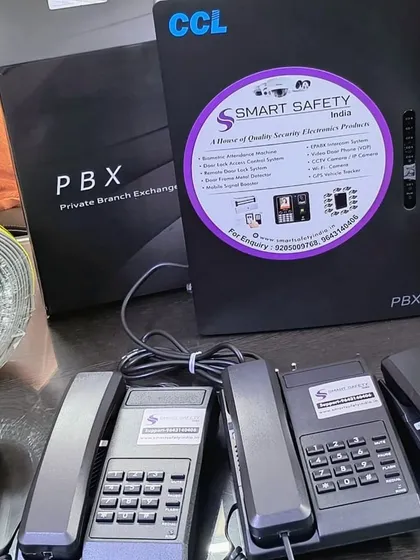 This is a complete EPABX intercom system kit, ready for installation. It includes the central PBX exchange box and multiple telephone handsets, providing a reliable internal communication network for any office.