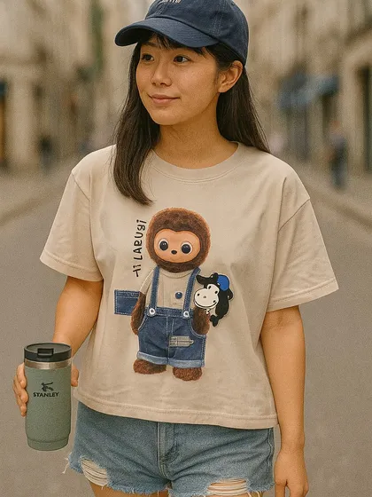 Our beige Labubu T-shirt is a great neutral option that makes the character graphic pop. This design shows Labubu in classic denim overalls, a fan favorite.