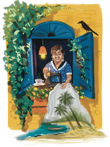 A beautiful moment captured in a custom digital painting. This artwork was commissioned as a heartfelt gift, weaving together personal elements like a love for sewing and the sea to create a truly meaningful portrait.