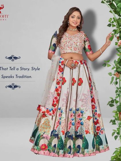 This lehenga tells a story with its beautiful motif prints. I blended traditional Indian textile art with a contemporary silhouette to create a piece that's perfect for a modern wedding.