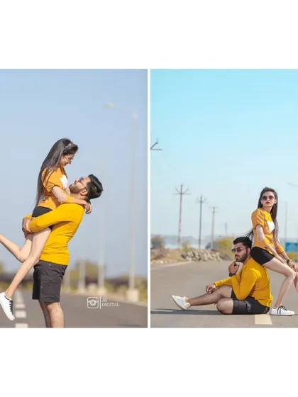 This diptych shows both a playful lift and a cool, stylized pose. It's a great way to get a variety of fun and fashionable shots during a casual couple shoot.