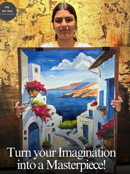 I help you turn your imagination into a masterpiece. This student proudly holds up her stunning painting of a seaside town, a piece she completed in my class.