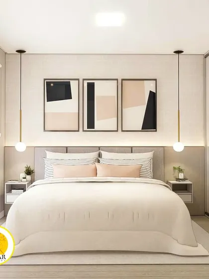 A modern bedroom with abstract art and a soft pink and grey color scheme. The design is chic, contemporary, and perfect for a young adult.