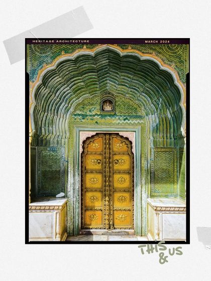 An ornate green and gold door from Jaipur, a stunning example of Rajasthani heritage architecture.