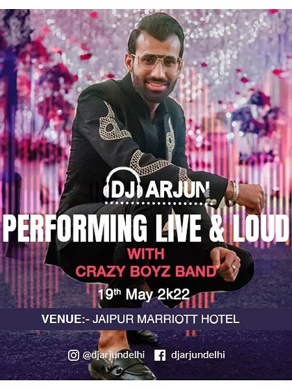 Performing alongside the Crazy Boyz Band at the Jaipur Marriott Hotel. This fusion brings a unique live element to my Bollywood DJ sets.