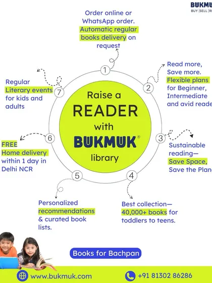Here’s everything you get when you join the Bukmuk family. We offer a huge collection of over 40,000 books, personalized recommendations from me, flexible plans, and free home delivery in Delhi NCR. It's a sustainable and simple way to keep your child reading.