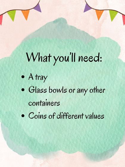 An infographic listing the simple materials needed for a coin sorting activity: a tray, bowls, and coins of different values.