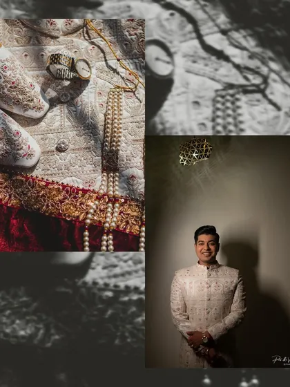 A creative collage showcasing the groom's portrait and the fine details of his wedding attire, including his watch and traditional shoes.