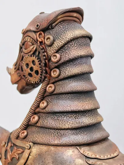 A view of the armored neck and head of the Steampunk Horse cake. The textured plates and piping create a sense of movement and power.