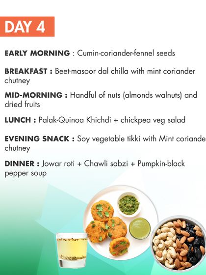 Day 4 of the monsoon plan includes a cumin-coriander-fennel tea to balance the gut. Meals like beet-masoor dal chilla and palak-quinoa khichdi are packed with nutrients to keep you healthy.
