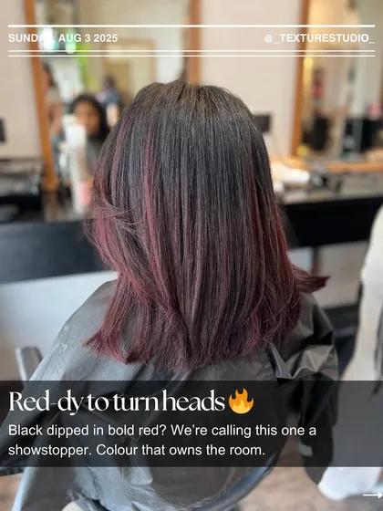 Ready to turn heads? This look features bold red dipped ends on a dark base. It's a showstopper color that owns the room.