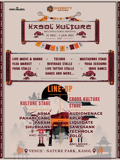 The flyer for Kasol Kulture, a multicultural New Year's festival where I played a techno set on the Cross Kulture stage.